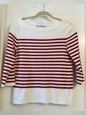 Mango Red & White Striped Boatneck 3/4 Long Sleeve Top